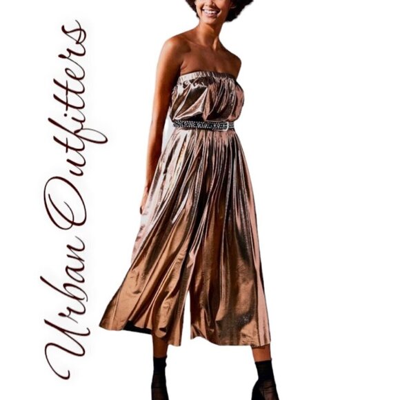 URBAN OUTFITTERS Bronze Strapless Wide Leg Pleated Jumpsuit, Size Medium - Picture 1 of 10